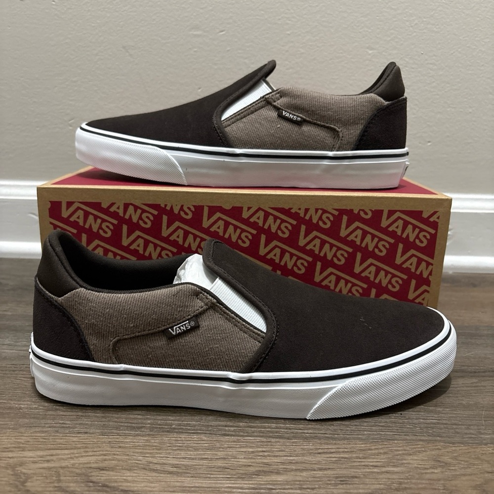 Vans Slip On Shoes Mens Asher Deluxe Cozy Knit Coffee Sneakers New